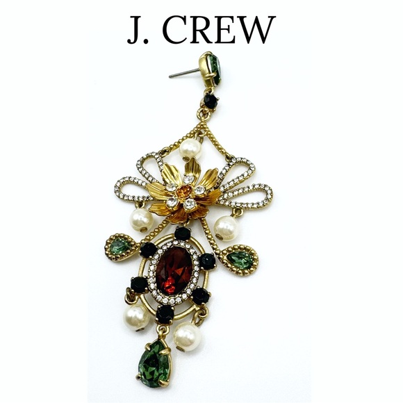 J. Crew • Baroque Floral Mixed Gem Statement Drop Earrings • Alhambra Green - Picture 7 of 13